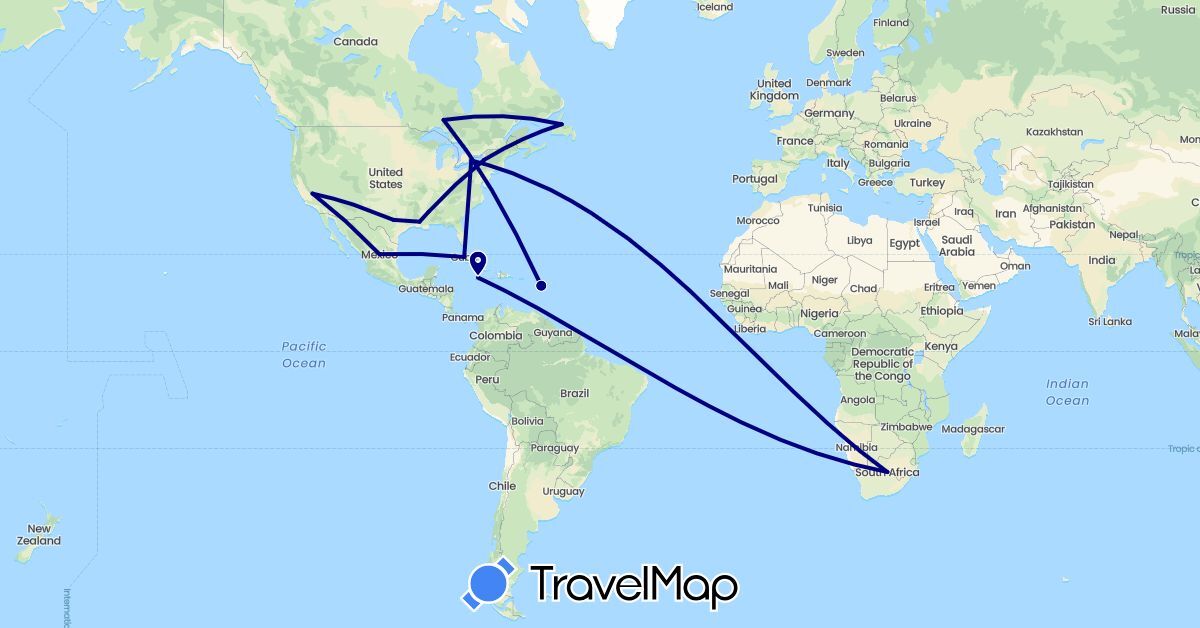 TravelMap itinerary: driving in Canada, Cuba, France, Jamaica, United States, South Africa (Africa, Europe, North America)