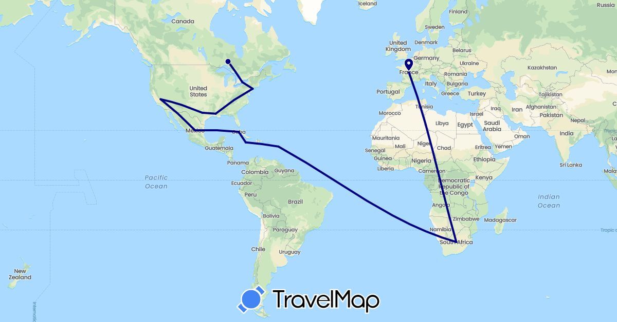 TravelMap itinerary: driving in Canada, Cuba, Jamaica, Mexico, United States (North America)